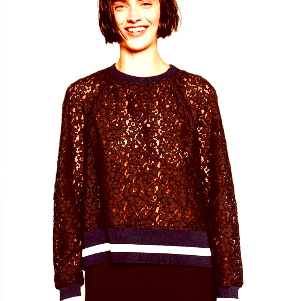 Zara Woman Lace Long Sleeve Navy Hem Sweatshirt Top Women's Medium